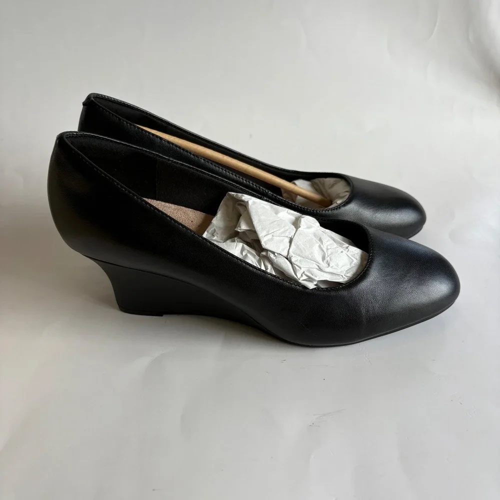 Clarks Collection Olivette Pearl Black Leather Wedge Pumps Womens 10 M New